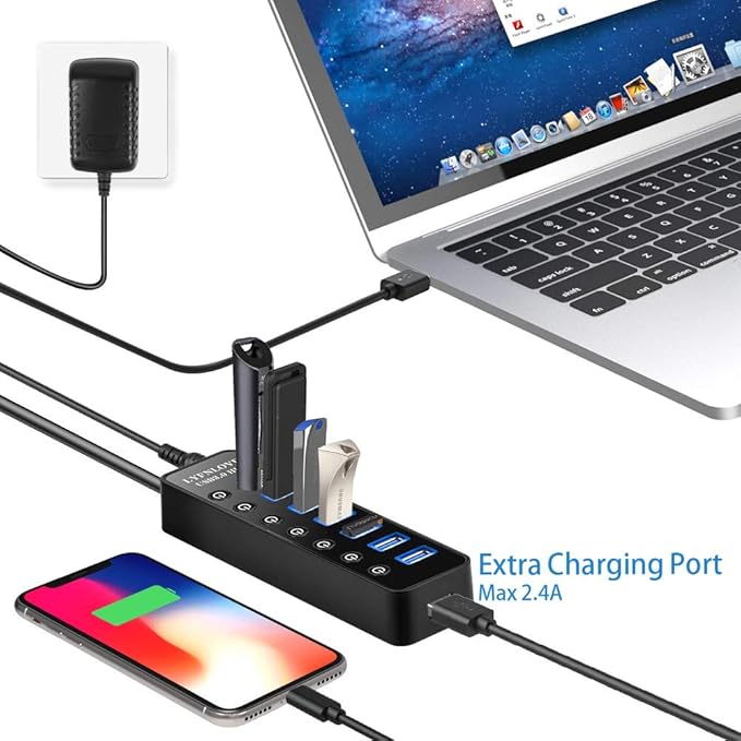 Powered USB Hub 3.0 Extender Multiple Port Hub Splitter for Laptop PC with Power Adapter and Charging Port USB Expander with On/Off Switches for MacBook iMac Surface Pro