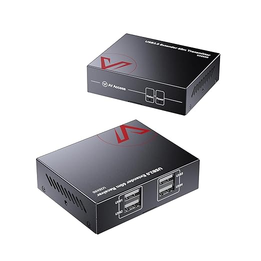 AV Access USB Extender Over Cat5e/6 196ft/60M 4 USB 2.0 Ports Plug and Play No Driver Supports All Operating System Two Webcams Work Synchronously Keyboard and Mouse Over Ethernet