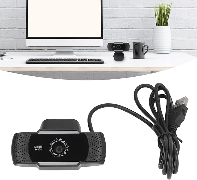 Computer Camera with Microphone Full HD 1080P USB Stereo Webcam Rotatable Clip for Office - Automatic Noise Reduction Plug and Play Ideal for Webinars &amp Video Conferences