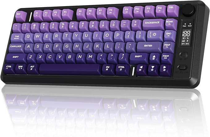 M75 Wireless Gaming Keyboard Mechanical Feel Membrane with Knob &amp OLED Display Bluetooth/2.4Ghz Rainbow Backlit Gradient PBT Keycaps 2000mAH Battery Anti-Ghosting-Purple