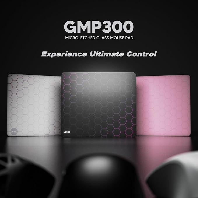 Vetroo GMP300 Tempered Glass Gaming Mouse Pad Micro-Etched 3mm Tempered Glass with Silicone Anti-Slip Base Multi-Layer Curing Smooth Operation for Esport &amp Work (Black)