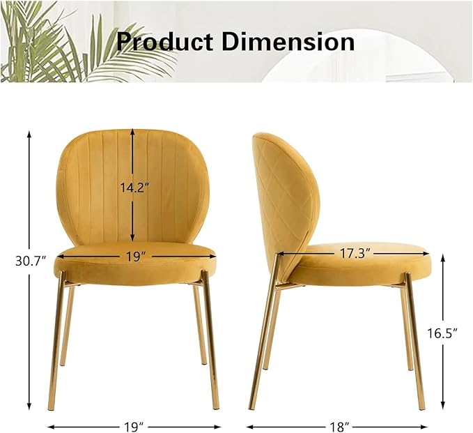 Adjustable Office Computer Chair with Armrest 1pcs Modern Style Velvet Yellow Upholstered Dining Room Chairs with Golden Metal Leg