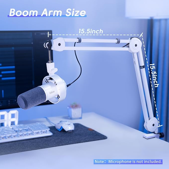 FIFINE Microphone Boom Arm Stand Metal Heavy Duty Mic Stand Scissor Suspension Adjustable Boom Arm for Podcast Recording Streaming Gaming with Desk Clamp 5/8 Screw Cable Ties-BM63 White