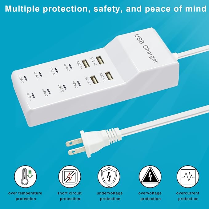 USB Charger 12-Port Charging Station (4 USB-A Ports and 8 USB-C Ports) Compatible with Multiple Devices for iPhone 15/14/13/12Pro Tablet PC Smartphone