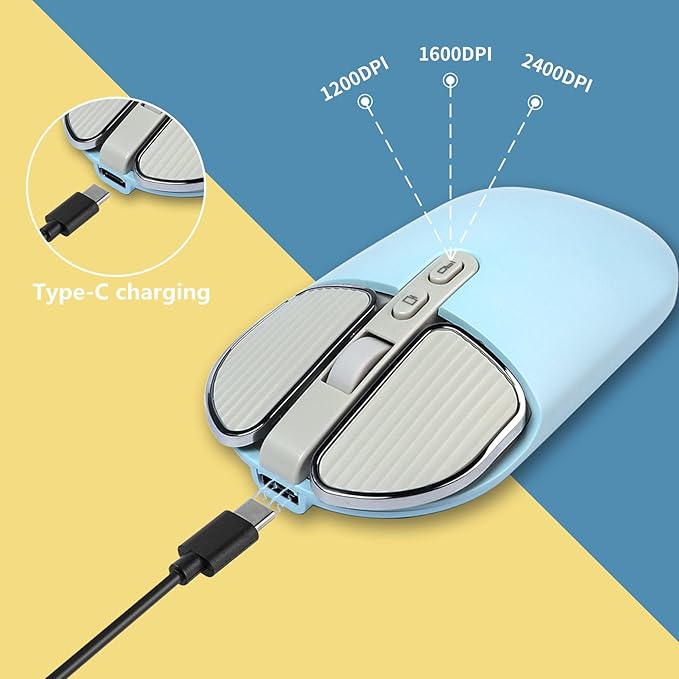 YOCUNKER Wireless Mouse 2.4G Rechargeable Silent Slim Computer Mouse with USB Receiver 3 DPI Back to Desktop Button Cordless Mice for PC Laptop Computer Desktop Windows Mac OS Office (Blue)