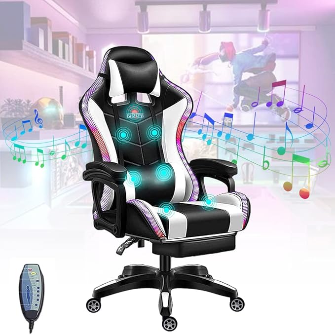 Gaming Chair for Adults &amp Teens High Back Gamer Chair Ergonomic Massage Racing Chair with Lumbar Support and Headrest Computer Desk Chair with Speakers and LED LightsWhite