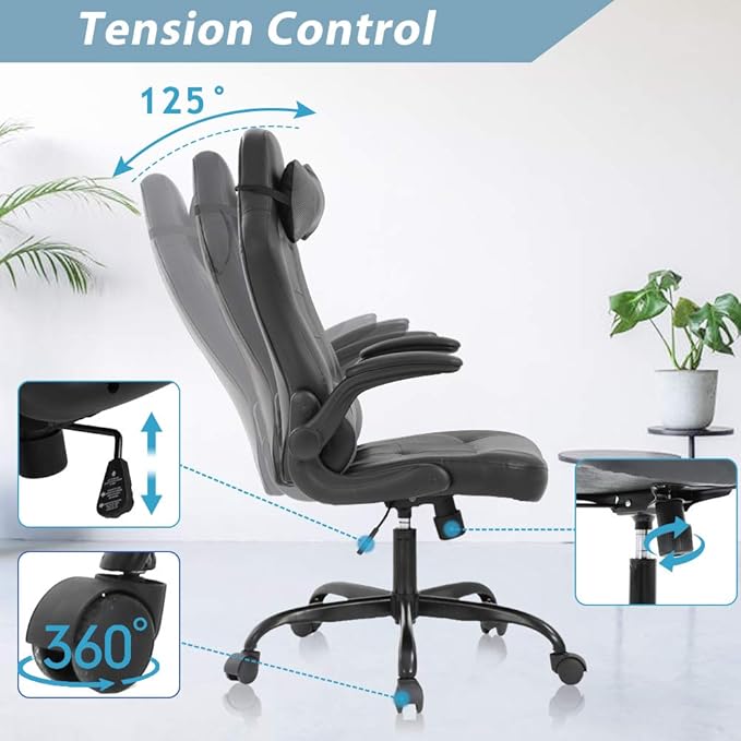 Gaming Chair High Back Home Office Chair Ergonomic PC Racing Chairs with Flip-up Arms PU Leather Computer Chairs Adjustable Height Swivel Executive Grey