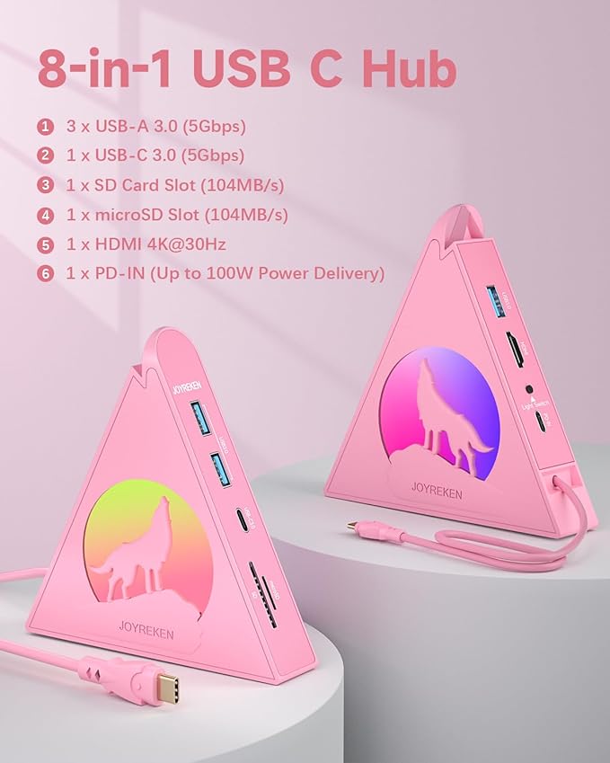 Pink USB-C Hub Bundle – Wolf 8-in-1 USB C Hub with 4K@30Hz HDMI PD100w 5Gbps USB-C 3 USB-A 3.0 SD/TF Card Reader Flying V Type C to 4 USB 3.0 Ports Hub for MacBook iMac iPad