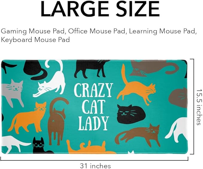 Crazy Cat Lady Teal Orange Black Brown Large Gaming Mouse Pad Desk Mat with Stitched Edges Non-Slip Base