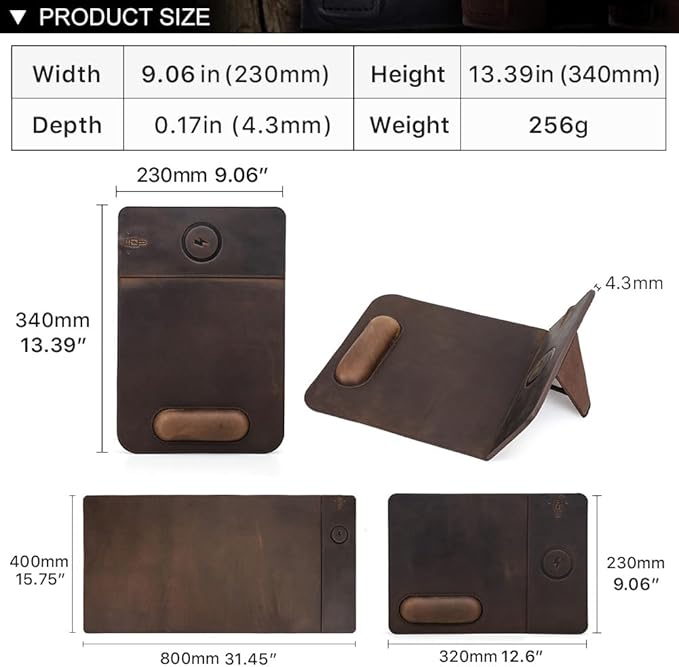 Hiram Premium Crazy Horse Leather Mouse Pad with 15W Wireless Charging - Ergonomic Wrist Rest Waterproof and High-End Cowhide Touch(9inx13in)