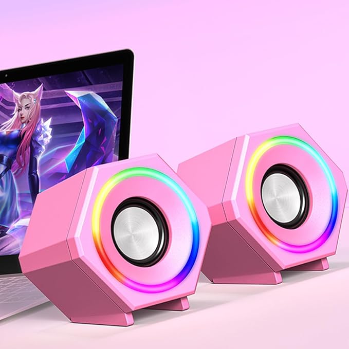 Generic RGB Computer Speaker Game led Speaker for Desktop/Tablet Computer/Laptop/Gaming Notebook for PC 2.0 Wired USB Powered Stereo Volume Control Multimedia AUX 3.5mm Pink