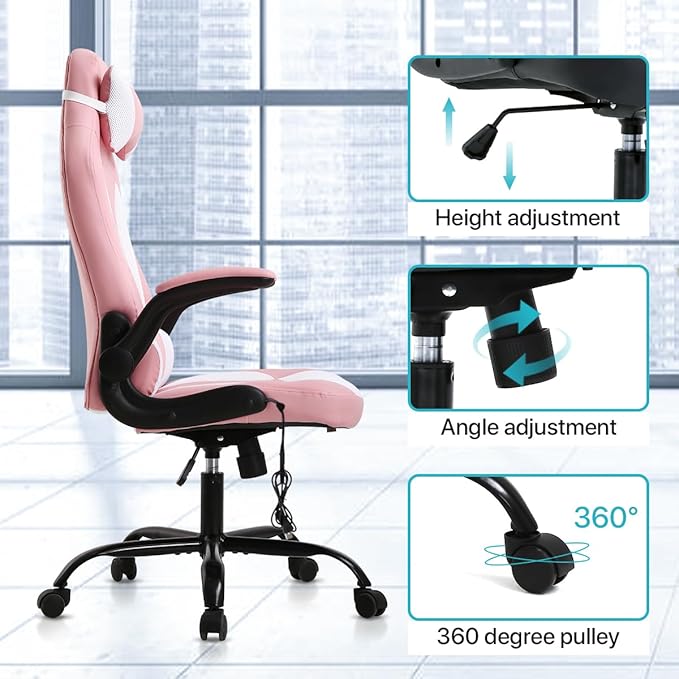 Dkeli Massage Gaming Chair Ergonomic Office Chair High Back Desk Chair PU Leather Executive Chair with Lumbar Support Headrest Armrest PC Racing Computer Chair Task Rolling Swivel ChairPink