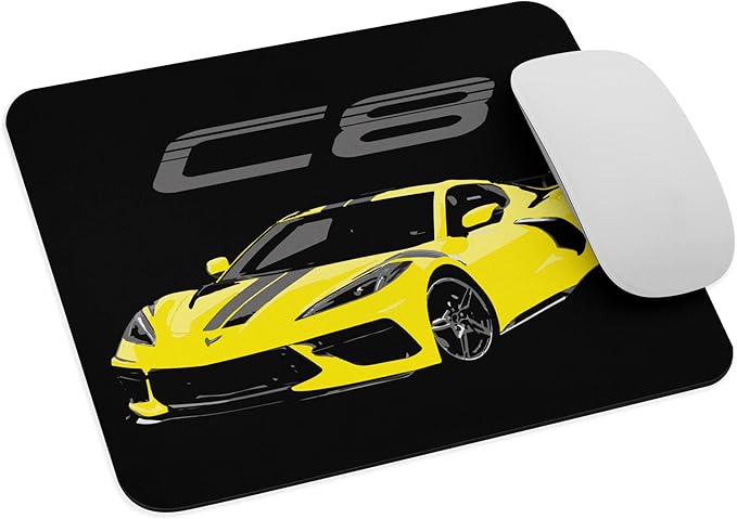 2021 2022 C8 Accelerate Yellow Car Art Mouse Pad Non-Slip Rubber Base | Desk Accessory for Car Enthusiasts