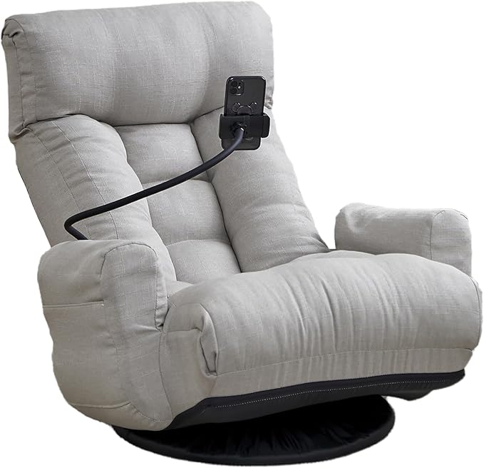 360° Swivel Floor Gaming Chair Linen Folding Lounge Sofa Chair with Adjustable Head and Waist Armrests &amp Phone Holder Padded Cushion Leisure Chairs for Living Room Bedroom (Grey)