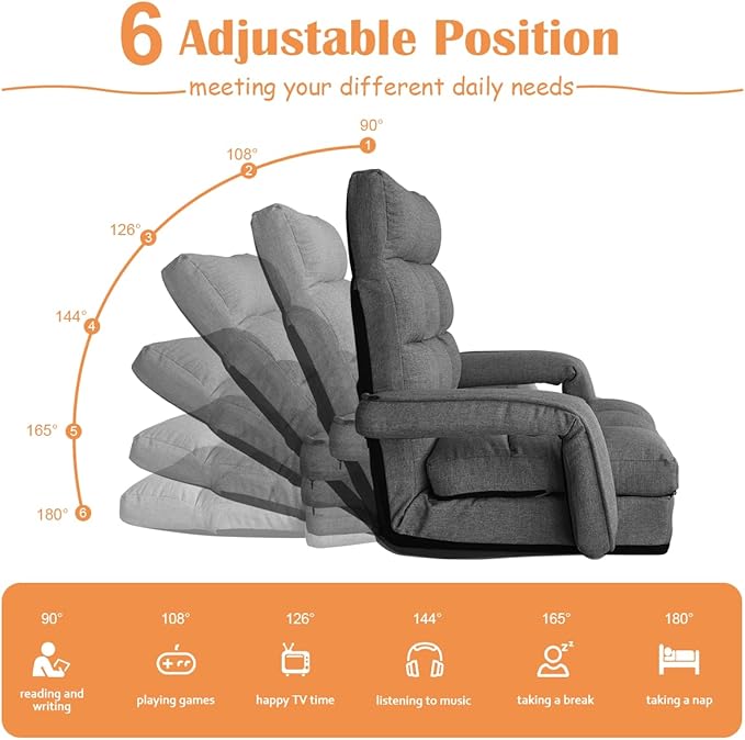Floor Gaming Chair 6 Position Adjustable Indoor Chaise Lounge Chair for Teens Adults Padded Folding Meditation Sofa Chair with Armrests and Pillow Comfy Chair for Teens Adults Pets - Black