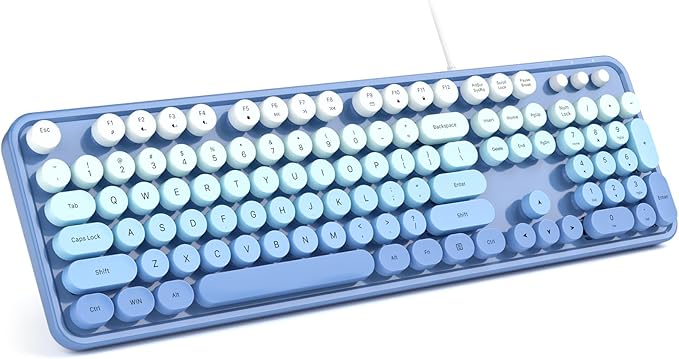 Computer Keyboard Wired Plug and Play USB Retro Round Typewriter Keyboard Full Size Wired Keyboard with Foldable Stands for Laptop and Office PC- Blue Gradient
