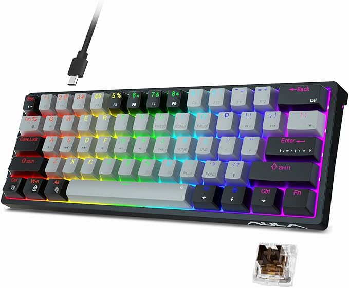 AULA 60 Percent Wired Mechanical Gaming Keyboard 29 RGB Backlit Custom Hot Swappable Keyboards Brown Switch 60% Mini Small Compact Design for PC/Mac/Laptop/Wins(Wired Version)