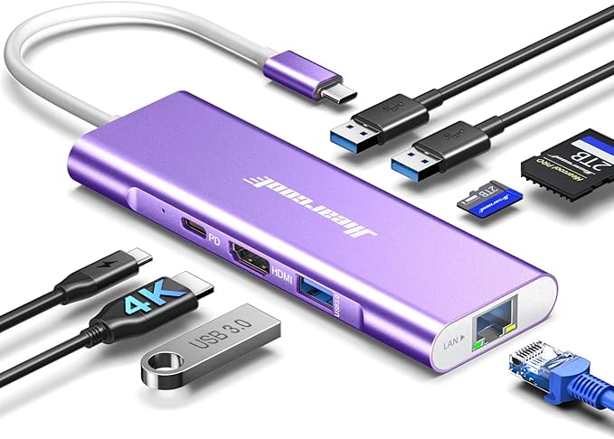 Hiearcool USB C Hub USB-C Ethernet Dongle 4K@60Hz HDMI Multi-Port Adapter USBC Docking Station Compatible for MacBook Dell HP Thunderbolt 3 4 Laptops-Purple