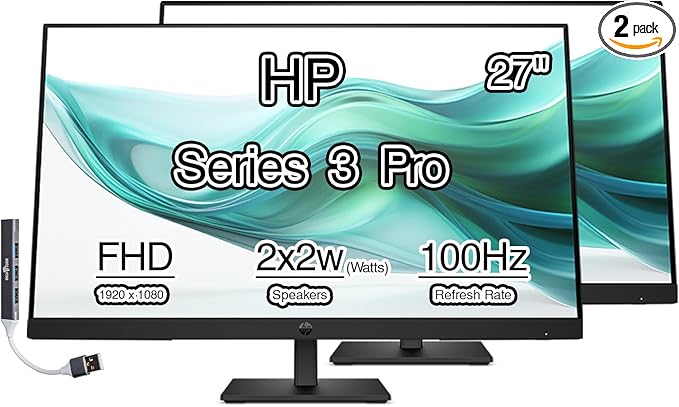 HP Series 3 Pro 27 FHD IPS Monitor with 5ms Response Time Built-in 2x2W Speakers Anti-Glare Flicker Free VESA Mount (100mm) HDMI &amp Dockztorm USB Port Expander Black Color 2 Pack