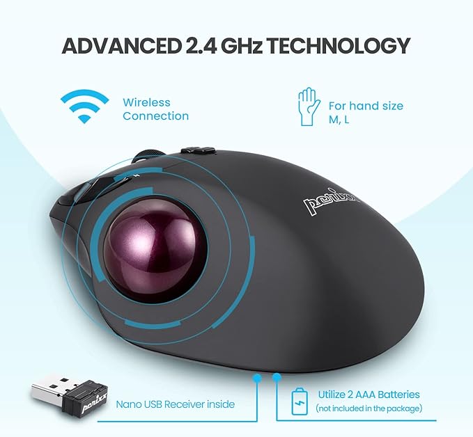 Perixx11568 Perimice-717 Wireless Trackball Mouse Build-in 1.34 Inch Trackball with Pointing Feature 5 Programmable Buttons 2 DPI Level Black