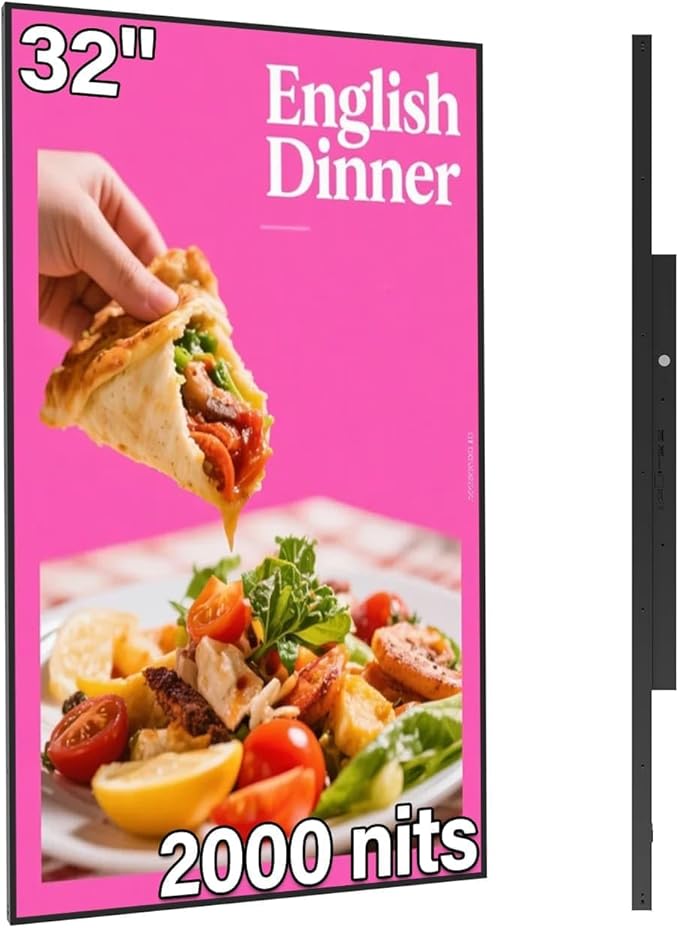 32inch Digital Signage 2000nits High Brightness Advertising Display Slim Fit Frameless LCD Monitor CMS Remote Publishing 24/7 Operation Smart Split Screen Play HDMI/USB/WiFi/Android System