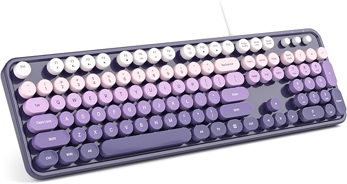 Computer Keyboard Wired Plug and Play USB Retro Round Typewriter Keyboard Full Size Wired Keyboard with Foldable Stands for Laptop and Office PC- Purple Gradient