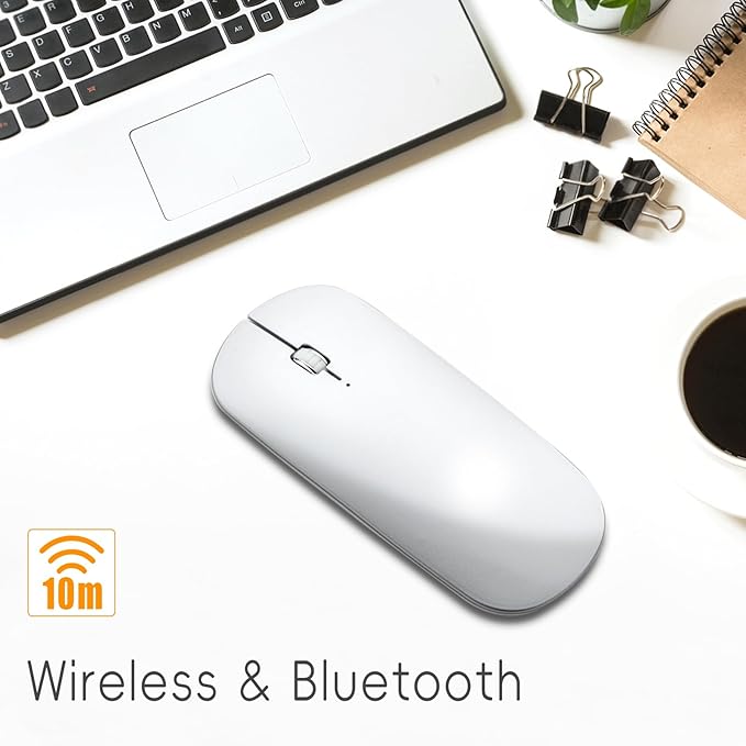 Bluetooth Mouse Slim Mini Portable Flat Travel Wireless Mouse Rechargeable t Ultra Thin Mice Quie Compatible with Laptop PC Notebook Tablet (Silver)