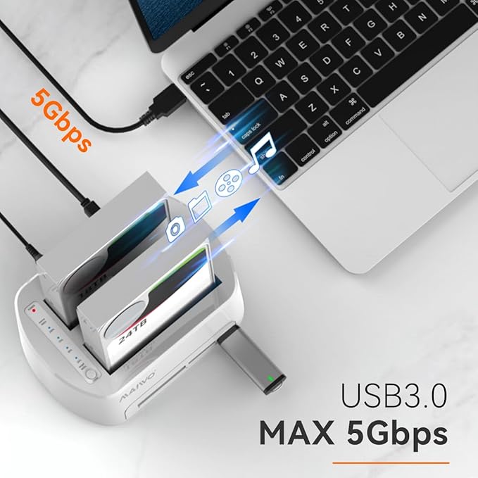 MAIWO SATA to USB 3.0 Dual-Bay Hard Drive Docking Station with Offline Clone for 2.5 &amp 3.5-inch HDD/SSD Hard Drive Dock with CF/SD Card Reader Support 2*24TB White