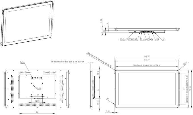 23.8 Inch Open Frame Capacitive Touchscreen Monitor 1920x1080 Resolution 16:9 Aspect Ratio WaterproofVESA+Panel Mount for Kiosk Automation POSVendingHMI and Digital Signage 7x24h Work