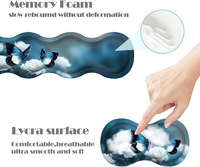 Ergonomic Keyboard Wrist Rest &amp Mouse Pad Wrist Rest SetXL Gaming Desk Mat 31.5x 11.8Non-Slip BaseMemory FoamEasy Typing Pain Relief for Office &amp HomeBlue Butterflies White Rose