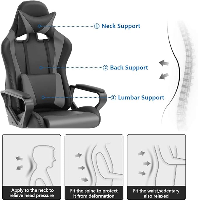Racing Style Gaming Chair - High Back Ergonomic Executive Chair with Headrest Massage &amp Lumbar Support Grey