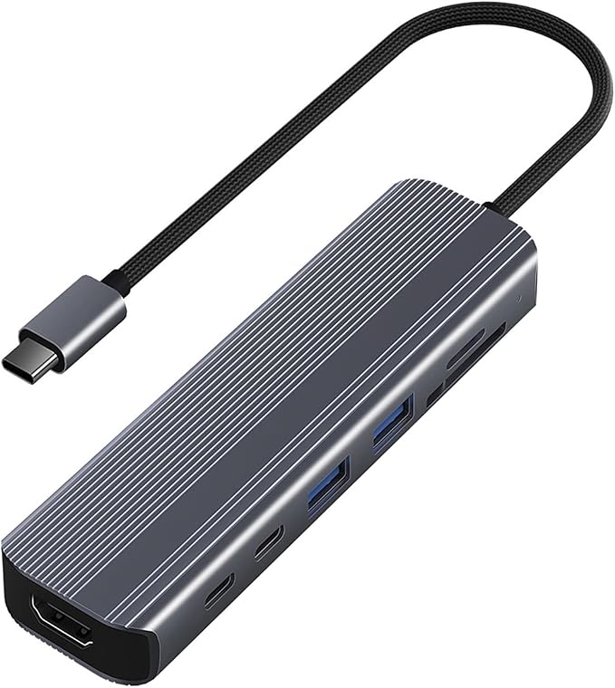 7-in-1 USB-C Hub with 4K/60Hz HDMI 100W PD Charging 5Gbps Dual USB-A/USB-C Ports SD/TF Card Reader Aluminum Multiport Adapter for MacBook Pro/Air and Other Type-C Devices