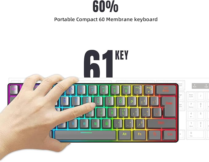 Snpurdiri 60% Wired Gaming Keyboard RGB Backlit Ultra-Compact 61 Keys 60 Percent Mini Gaming Keyboard for PC/Mac Gamer Typist Travel Easy to Carry on Business Trip(Iron Grey)