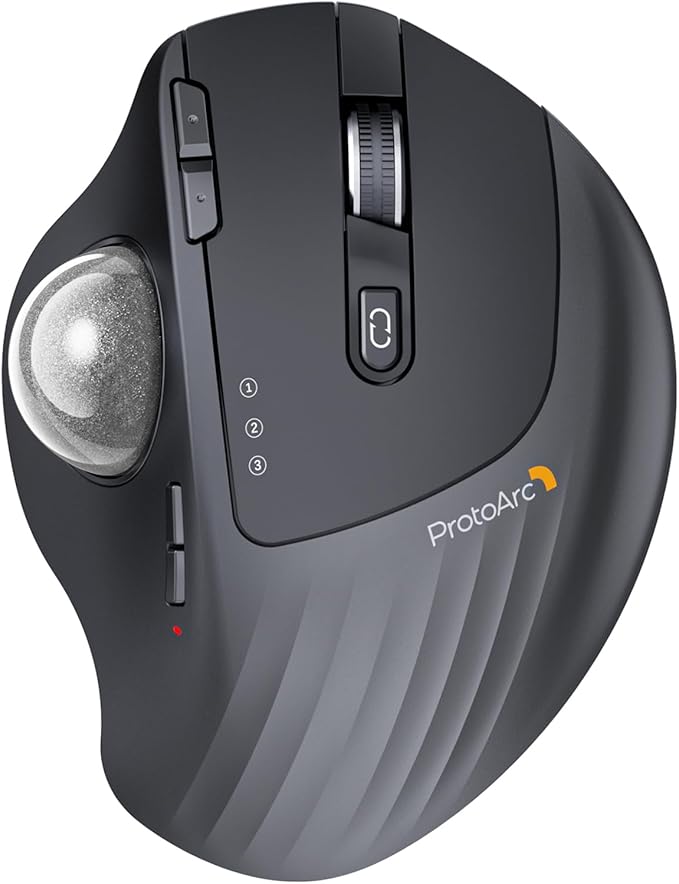 ProtoArc Wireless Trackball Mouse EM01 NL Ergonomic Bluetooth Rollerball Thumb Rechargeable Computer Laptop Mouse Adjustable Angle &amp 3 Device Connection for PC Mac Windows-Silver Ball