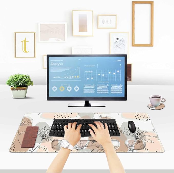ToLuLu Extended Gaming Mouse Pad Memory Foam Ergonomic Keyboard Mouse Wrist Rest Support Set Large Desk Mat with Stitched Edges Non-Slip Base Mousepad for Home Office and Game Morandi Leaves