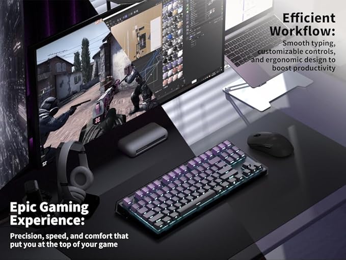 MK870 Wireless Mechanical Gaming Keyboard80% Purple Custom Creamy Sound Keyboard with Shine Through PBT KeycapsPre-lubed Linear SwitchesHot-SwappableRGB Backlit2.4GHz/USB-C/BT5.0