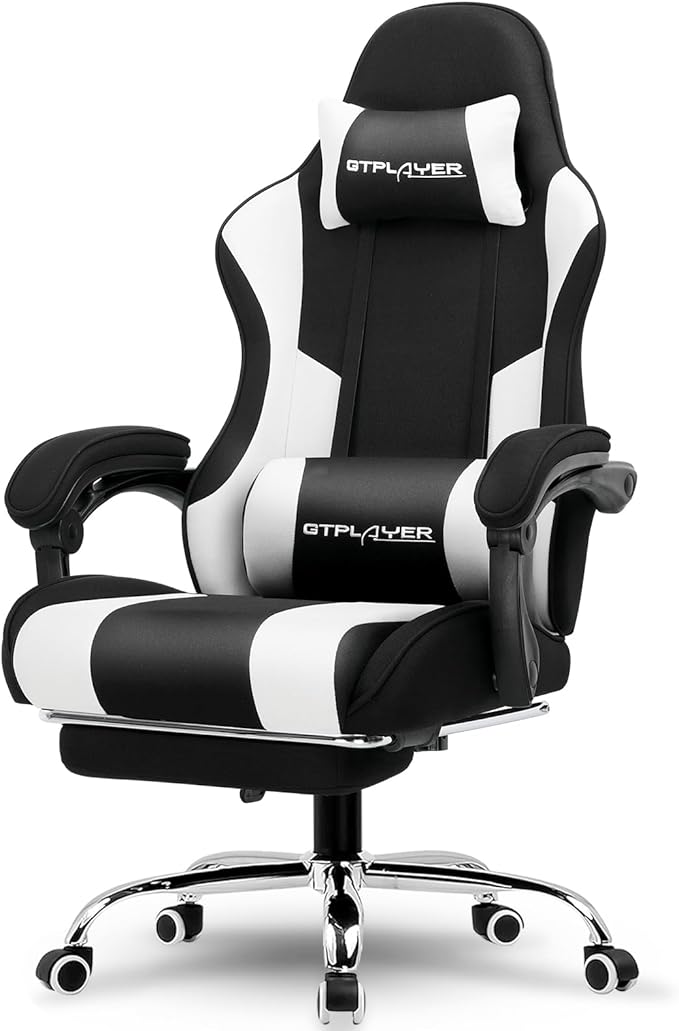 GTPLAYER Gaming Chair Computer Chair with Footrest and Lumbar Support Height Adjustable Game Chair with 360°-Swivel Seat and Headrest and for Office or Gaming (Fabric Black White)