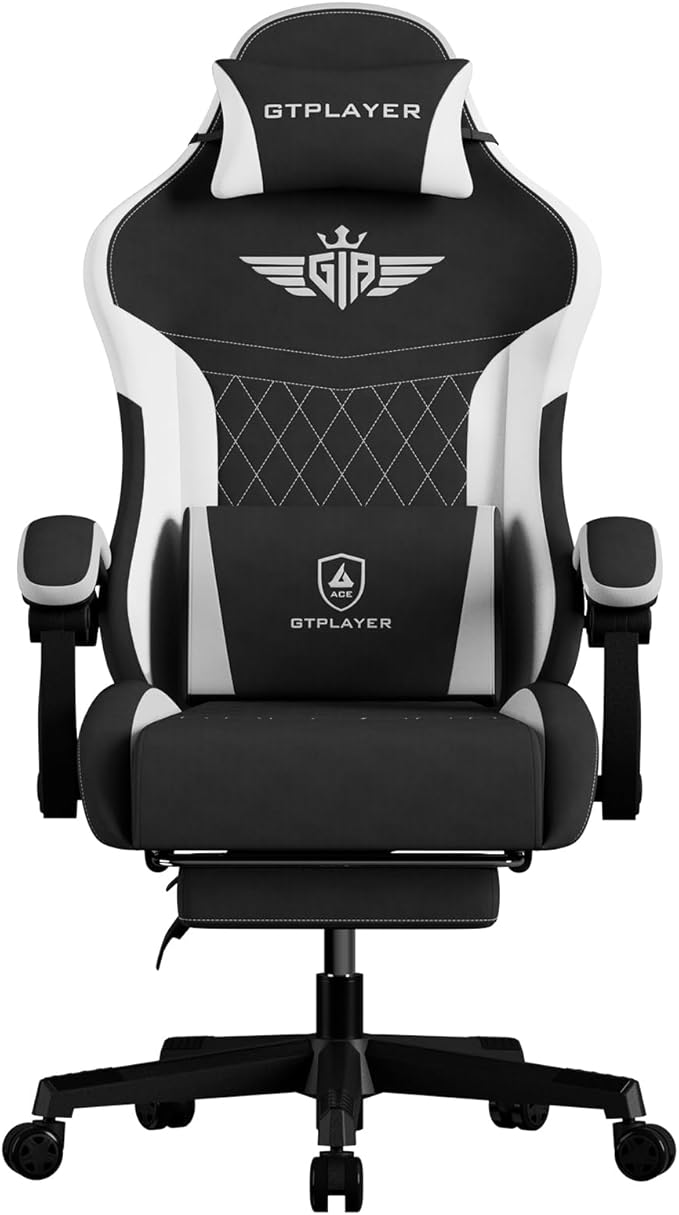GTPLAYER Gaming Chair Video Game Chairs with Footrest and Lumbar Support Computer Chair for Adults with Extended Backrest Ergonomic Reclining Silla Gamer Fabric Black