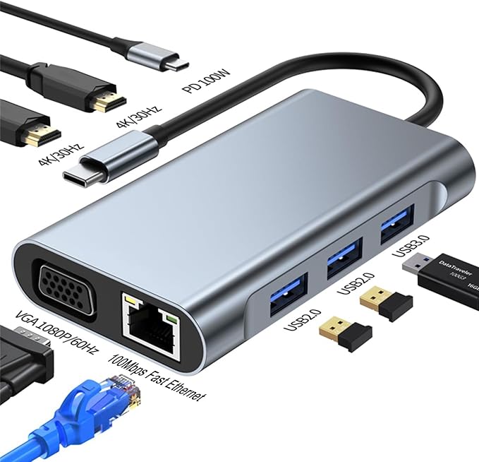 USB C to Dual HDMI Docking Station Type C Multiport Adapter with Dual HDMI(4K@30Hz)1080P VGARJ45100W PD USB3.02 USB2.0 8 in 1 Hub for Dell HP MacBook Laptop (8 in 1 2HDMI+VGA)