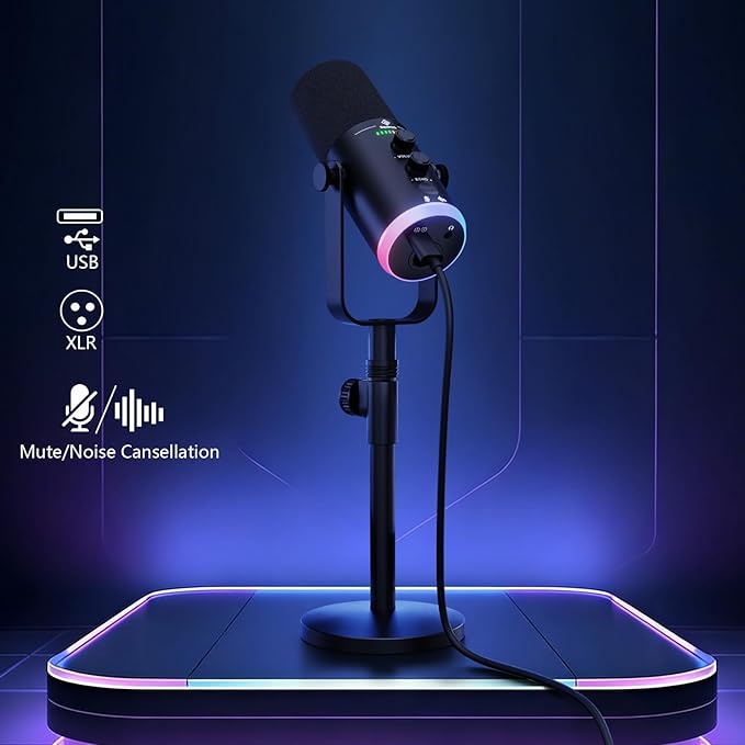 USB/XLR Dynamic Podcast Microphone with RGB Lighting PC Gaming Streaming Mic with Mute Button Headphone Jack and Desktop Stand TX2