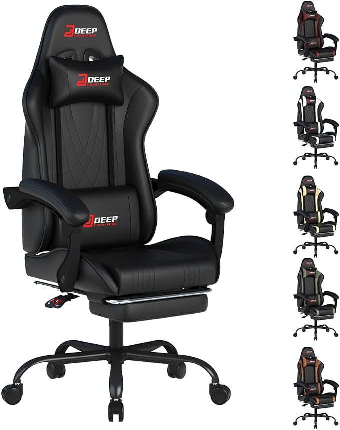Ergonomic Gaming Chair with Footrest and Lumbar Massage Racing Office Chair High Back Computer Desk Chair with Headrest Pillow for Adults Video Game Chair for PC Gamer (1001-Black)