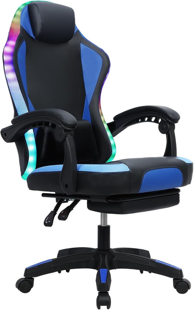 YOXIER Video Game ChairsGaming Chair for KidsErgonomic Gaming ChairLED Lights Ergonomic Massage Computer Gaming Chair with Footrest Video Game Chair High Back with Lumbar Support Blue