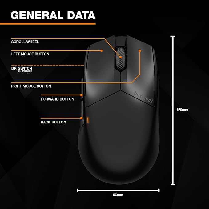 be quiet! Dark Perk Ergo PC Gaming Mouse 55g Lightweight Ultra-Long Wireless Battery Life 8000Hz Polling Rate PixArt PAW3950 Sensor 32000 DPI Optical 70m switches 100% PTFE Glide Skates