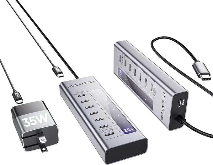 Powered USB C Hub PULWTOP 7 in 1 USB C Hub Support Data 10Gbps &amp Charging(Not Support Video) USB C Powered Hub 10Gbps Ports for iMac MacBook Pro/Air iPad XPS USB Hub with 35W PD Power Adapte