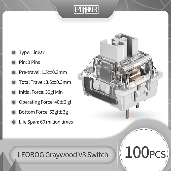 EPOMAKER x LEOBOG Keyboard Switches Set for Mechanical Gaming Keyboard 100 Pcs Linear/Tactile Switch Set Factory Lubed 5-Pin Switch with POM Stem Compatible with MX Keycaps (Graywood V3 Linear)