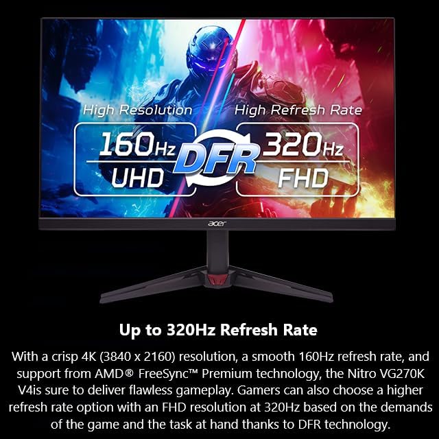 acer Nitro 27” 4K UHD 3840 x 2160 Gaming IPS Monitor | AMD FreeSync Premium | Up to 160Hz Refresh Rate with DFR to FHD 320Hz| Up to 0.5ms | 1 x Display Port 1.4 &amp 2 x HDMI 2.1 Ports | VG270K V4bmi