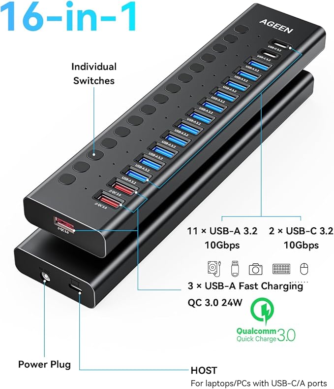 AGEEN 16-Port Powered USB 3.2 Hub-10Gbps SuperSpeed Data Splitter with 2 USB-C &amp 11 USB-A Ports 3 x 24W QC 3.0 Fast Charging Ports Individual On/Off Switches 96W Power Adapter for Laptop (16 Po