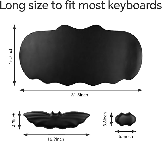 Bat Mouse Pad PU Leather Mousepad 3 in 1 Keyboard Wrist Rest and Mouse Wrist Rest Ergonomic Bat Wrist Rest Waterproof Leather Surface Easy Typing Cushion with Memory Foam for Home Office