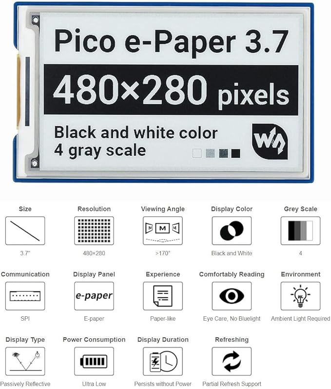 waveshare TOP1 3.7inch E-Paper E-Ink Display Module for Raspberry Pi Pico 480×280 Resolution Screen Black/White Monitor with SPI Interface Supports Raspberry Pi/Jetson Nano/STM32