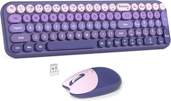 Wireless Keyboard and Mouse Combo MOWUX Compact Typewriter Retro Round Computer Keyboard Cute Optical Mouse Wireless Plug and Play for Laptop PC Computer- Purple Gradient